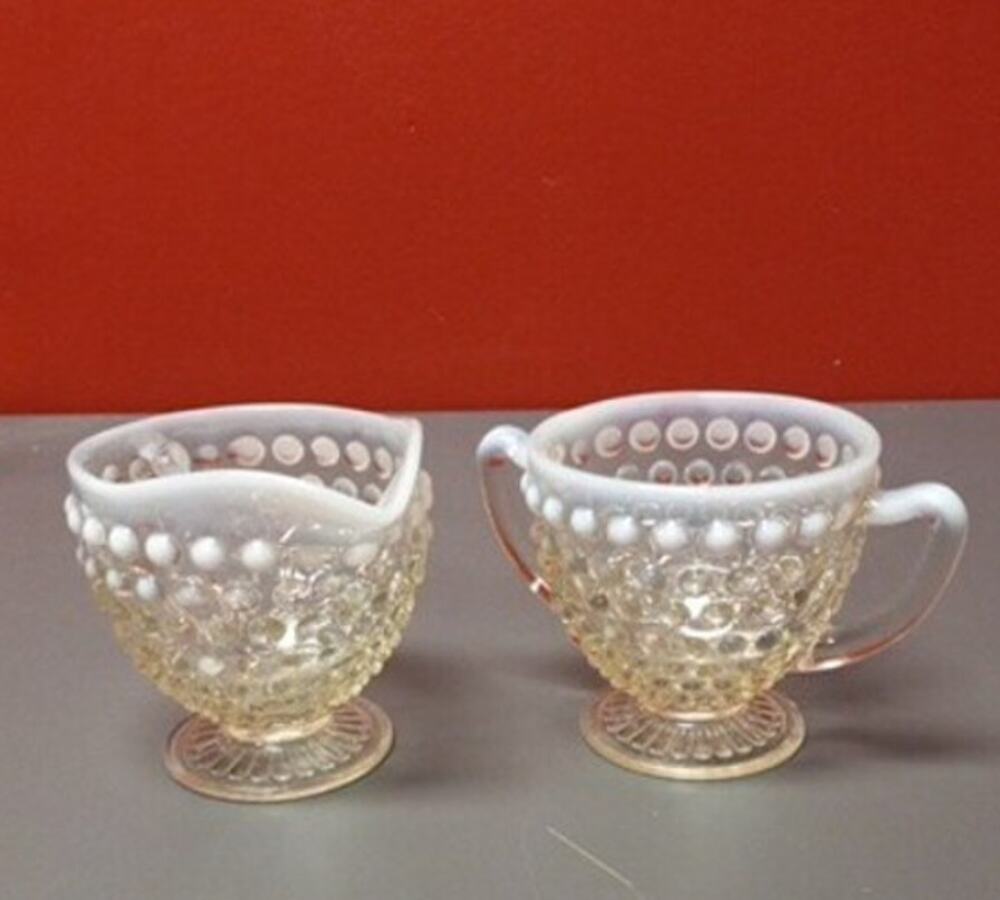 Vintage Anchor Hocking Cream & Sugar Opalescent Moonstone Hobnail Design 1940's